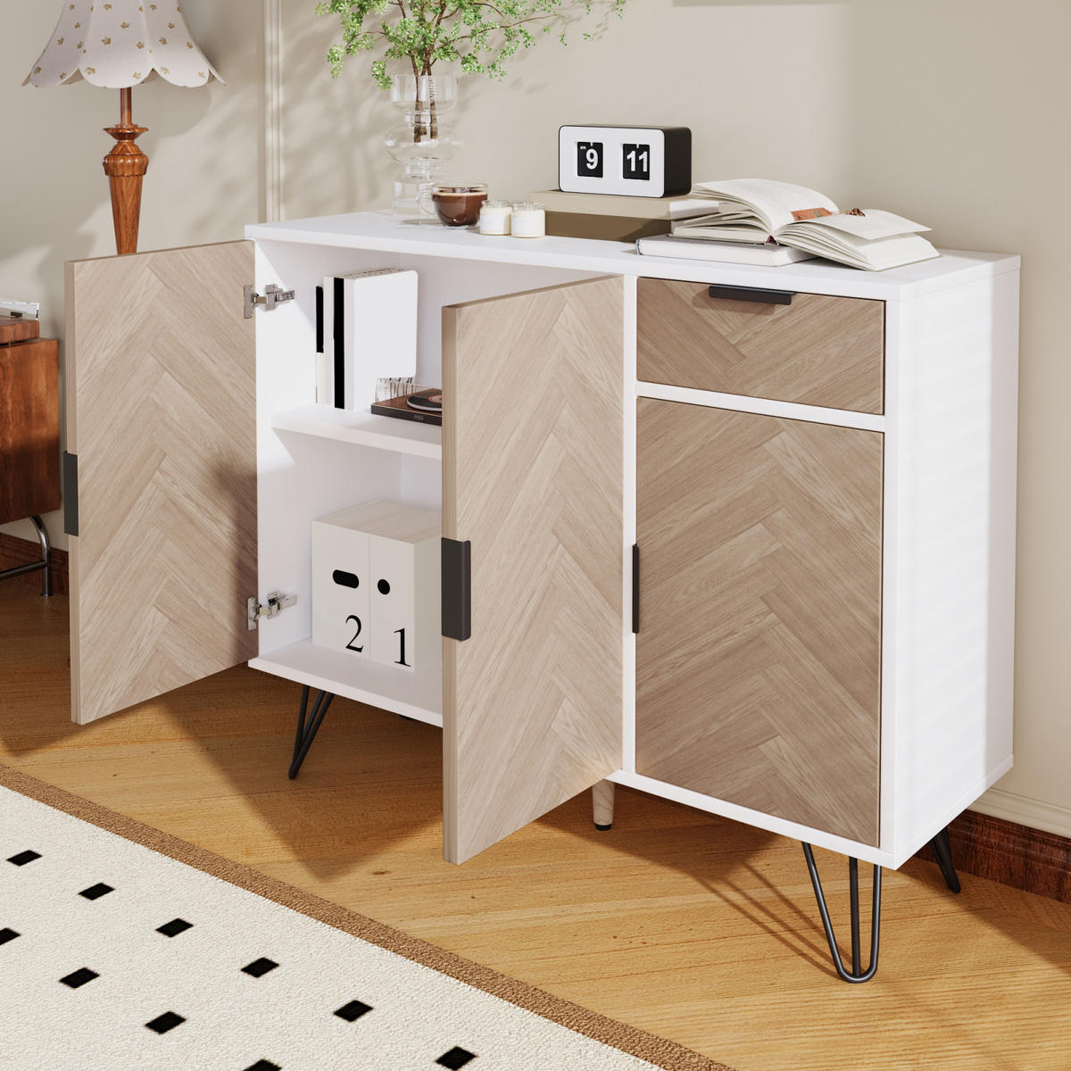 SIDEBOARD 90x30x71,5 cm, Metallfüße, Weiß - Weiß, Holz (90/71/30cm)