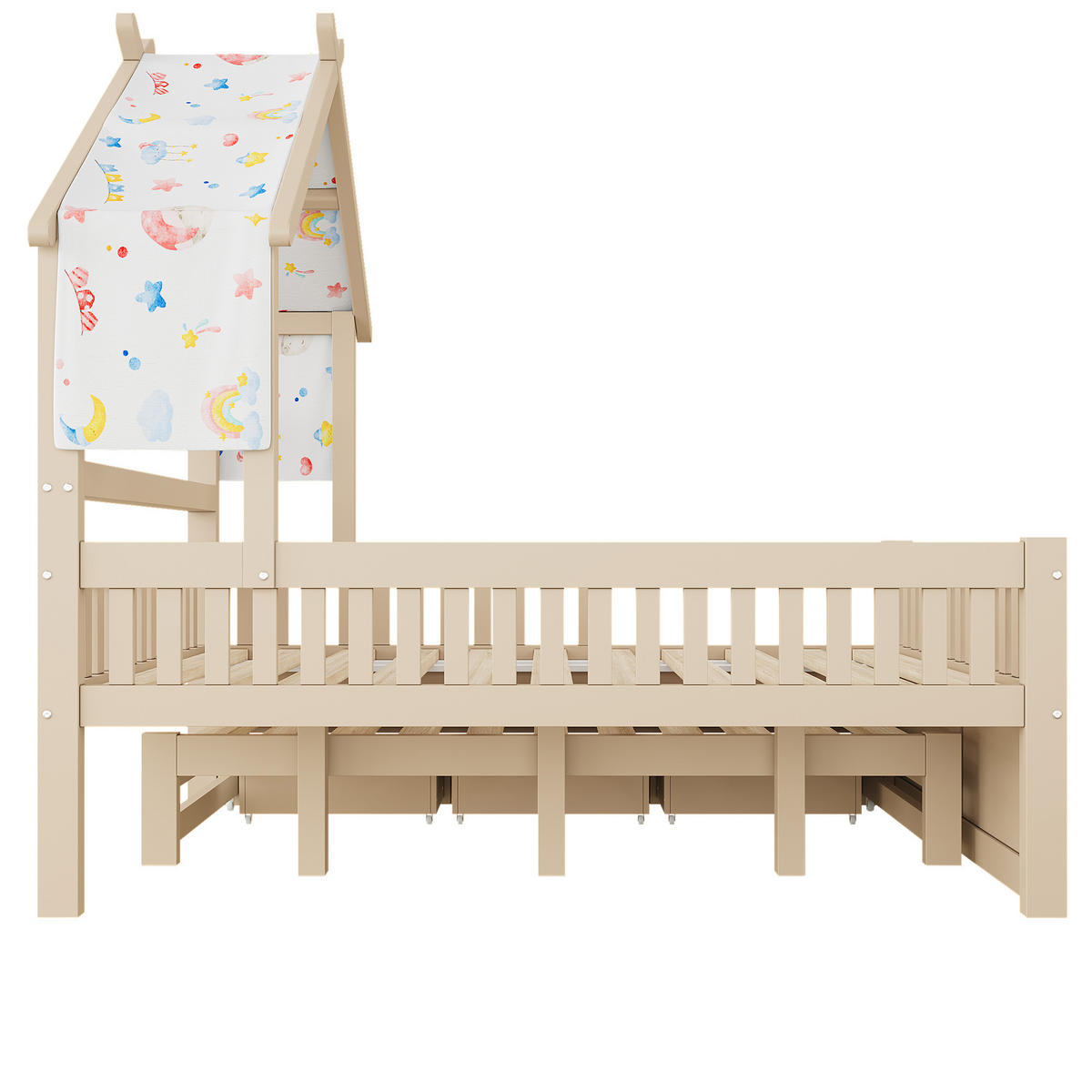 BETT 140/200 cm in Cream aus Kiefer, MDF und Sperrholz mit Ausziehbett, 3 Schubladen und Schutzgitter - Creme, Holz/Holzwerkstoff (140/200cm) - WISHDOR