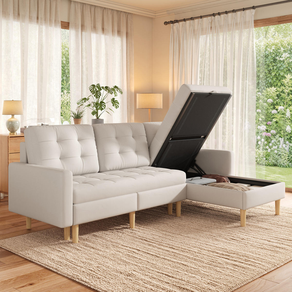 ECKSOFA L Form Stauraum Chaiselongue 3-Sitzer Beige 212cm - Beige, Textil (212/130cm) - FLIEKS