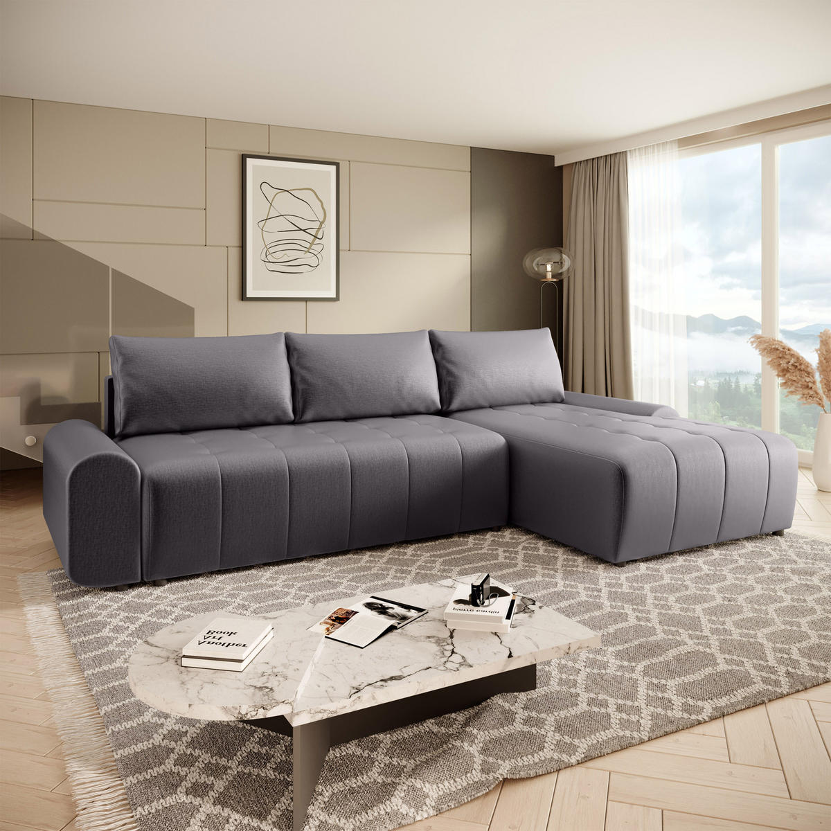 ECKSCHLAFSOFA Costa L Grau rechts - Schwarz/Grau, Kunststoff/Textil (290/169cm) - Beautysofa