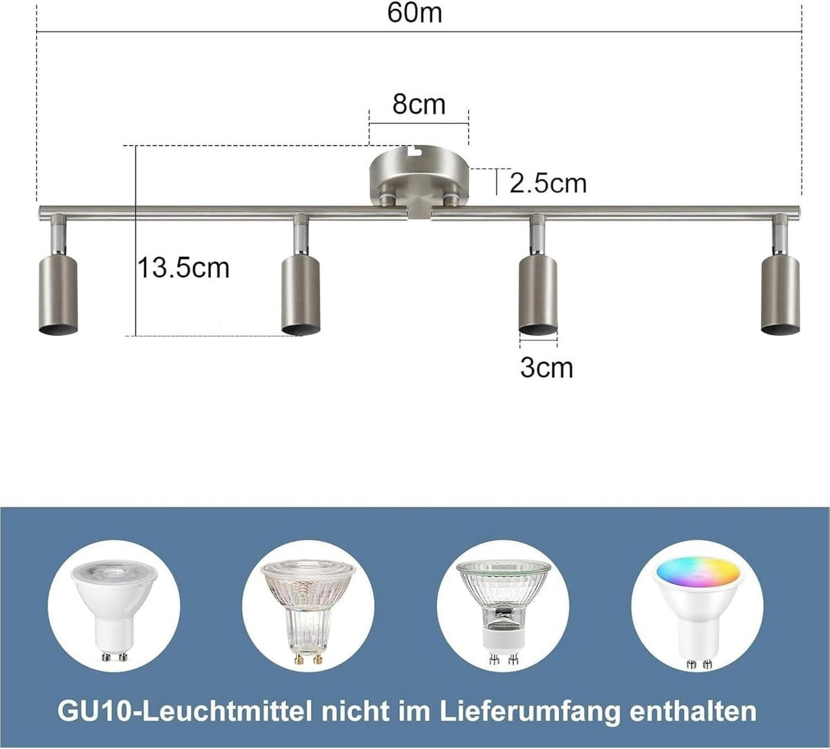 DECKENSTRAHLER Pryz 59/13/8cm - Silberfarben, Metall (59/13/8cm) - ZMH