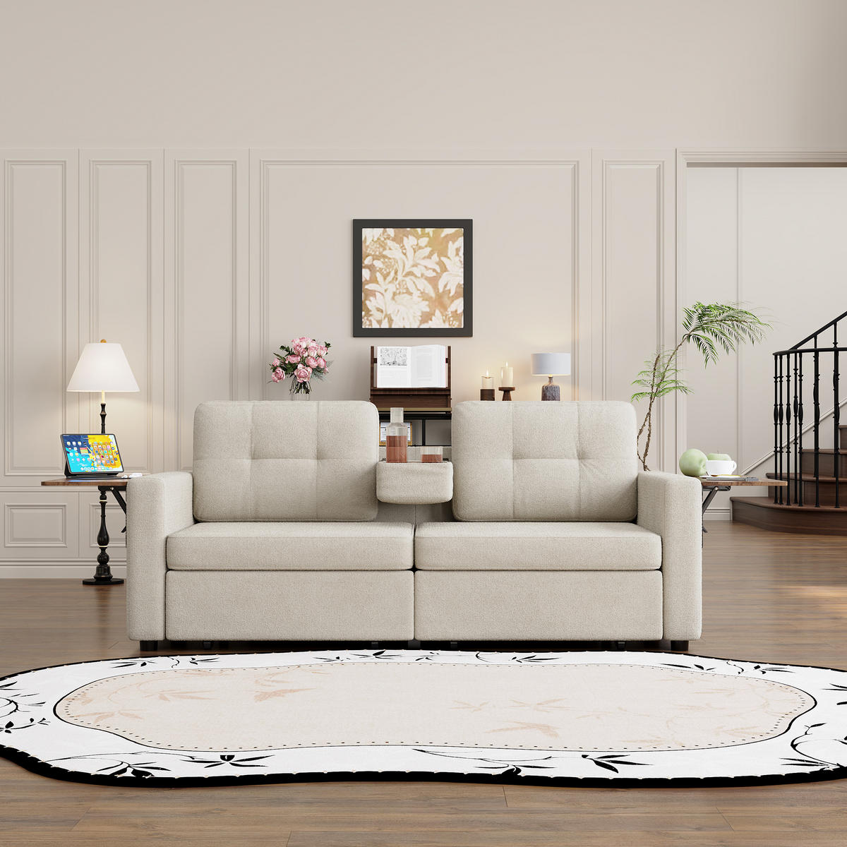 2-SITZER-SOFA mit Laptop-Tisch und Stauraum, DE-42611, Beige - Beige, Metall (178/57.5/71cm) - ComfortXL