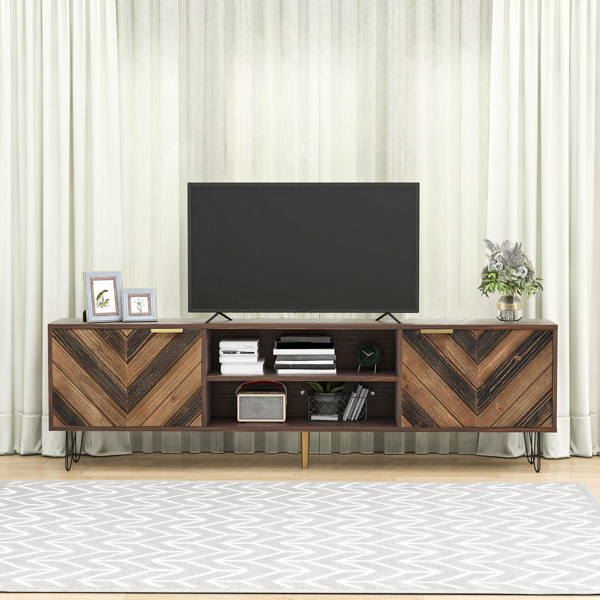 TV-ELEMENT155X38X48CM Massivholzfurnier-Lowboard mit zwei Türen und Goldgriffen - Naturfarben, Holz (45/17/170cm) - Raelunyi