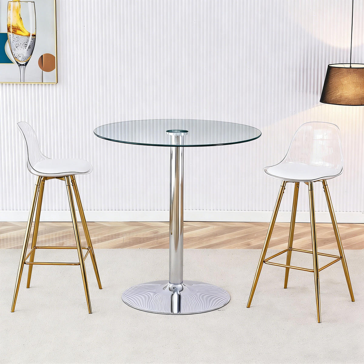 TISCHGRUPPE 3-tlg Glastisch Rund 89cm Barhocker Gold - Transparent, Glas/Metall (41.5/33.5/72cm) - Raelunyi