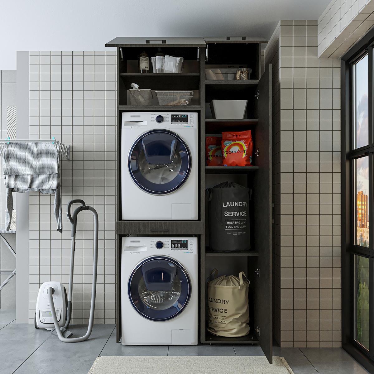 WASCHMASCHINENSCHRANK DUO-I 112cm Breit, 240cm Hoch - Schwarz, Holzwerkstoff (112/240/67cm)