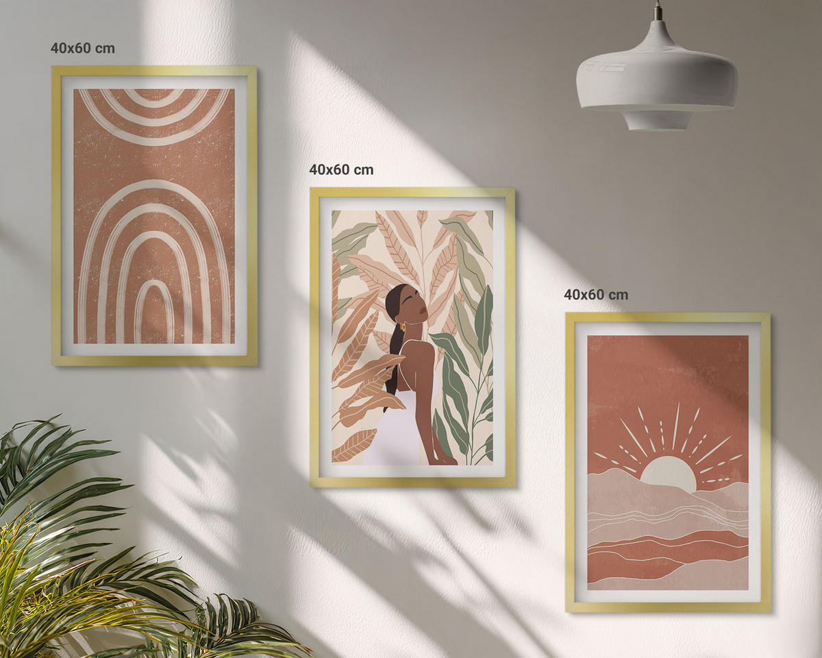 BILDER SET 3er Set - 40x60 cm Goldrahmen - abstrakte Formen im Boho-Stil - Goldfarben, Kunststoff (40/60cm) - TULUP