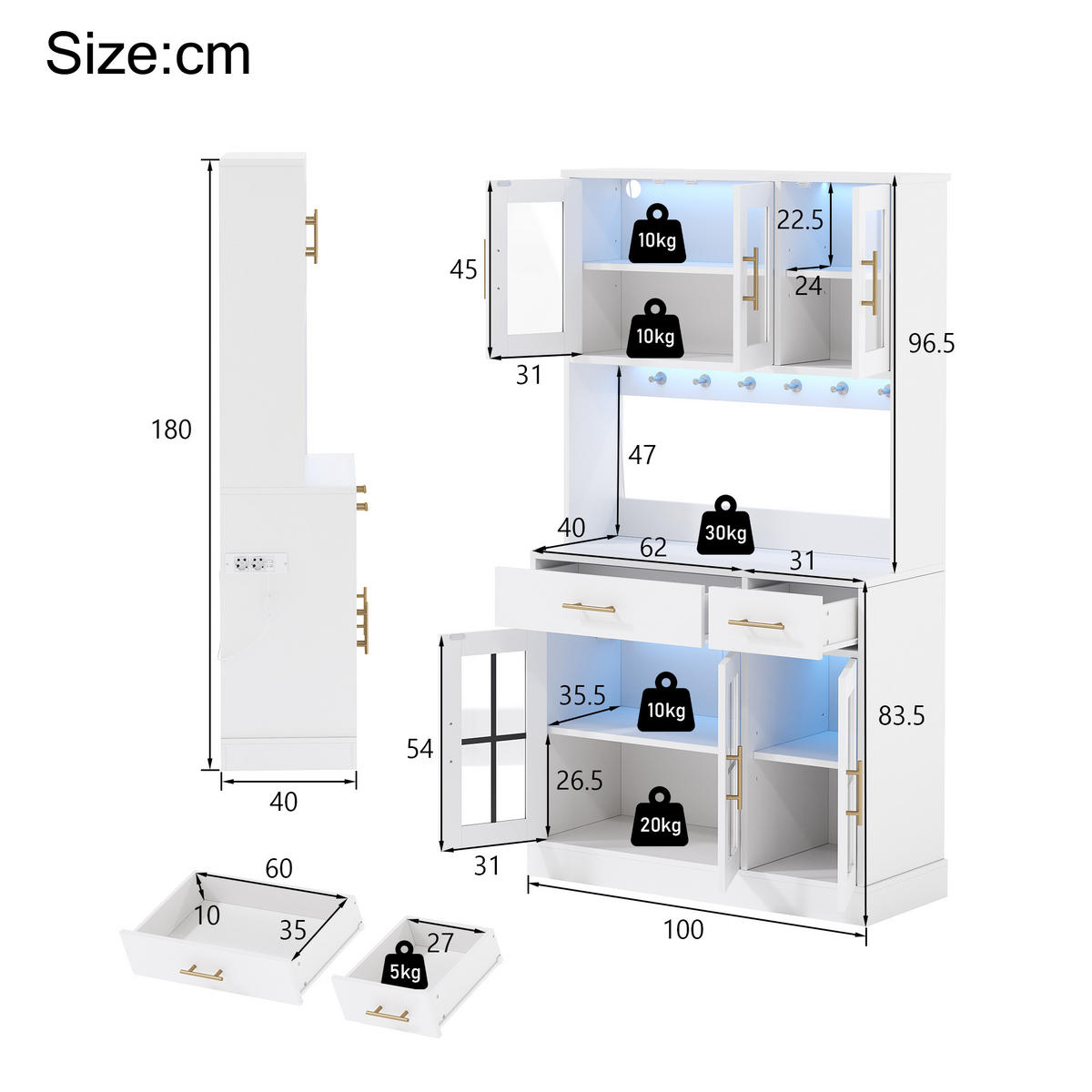 BUFFET 100/40/180 cm Weiß aus MDF mit LED-Beleuchtung - Weiß, Holzwerkstoff (100/180/40cm) - OKWISH