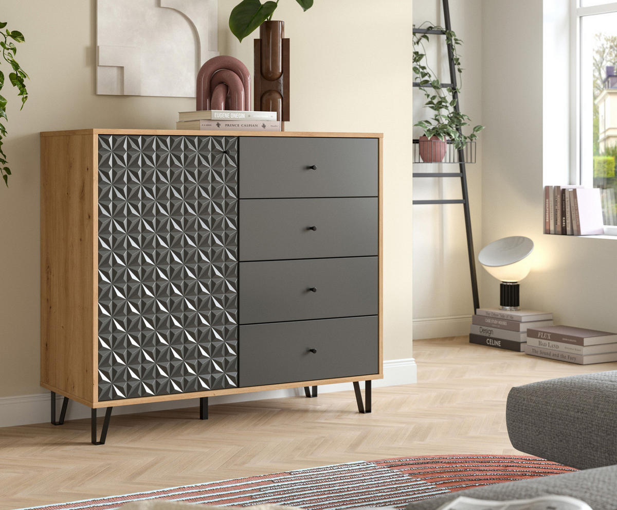 KOMMODE grau, Eiche Artisan 110 x 96 cm, Sideboard mit 3D-Struktur - Schwarz/Eiche Artisan, Holzwerkstoff/Kunststoff (110/96/40cm) - Inn.Furn
