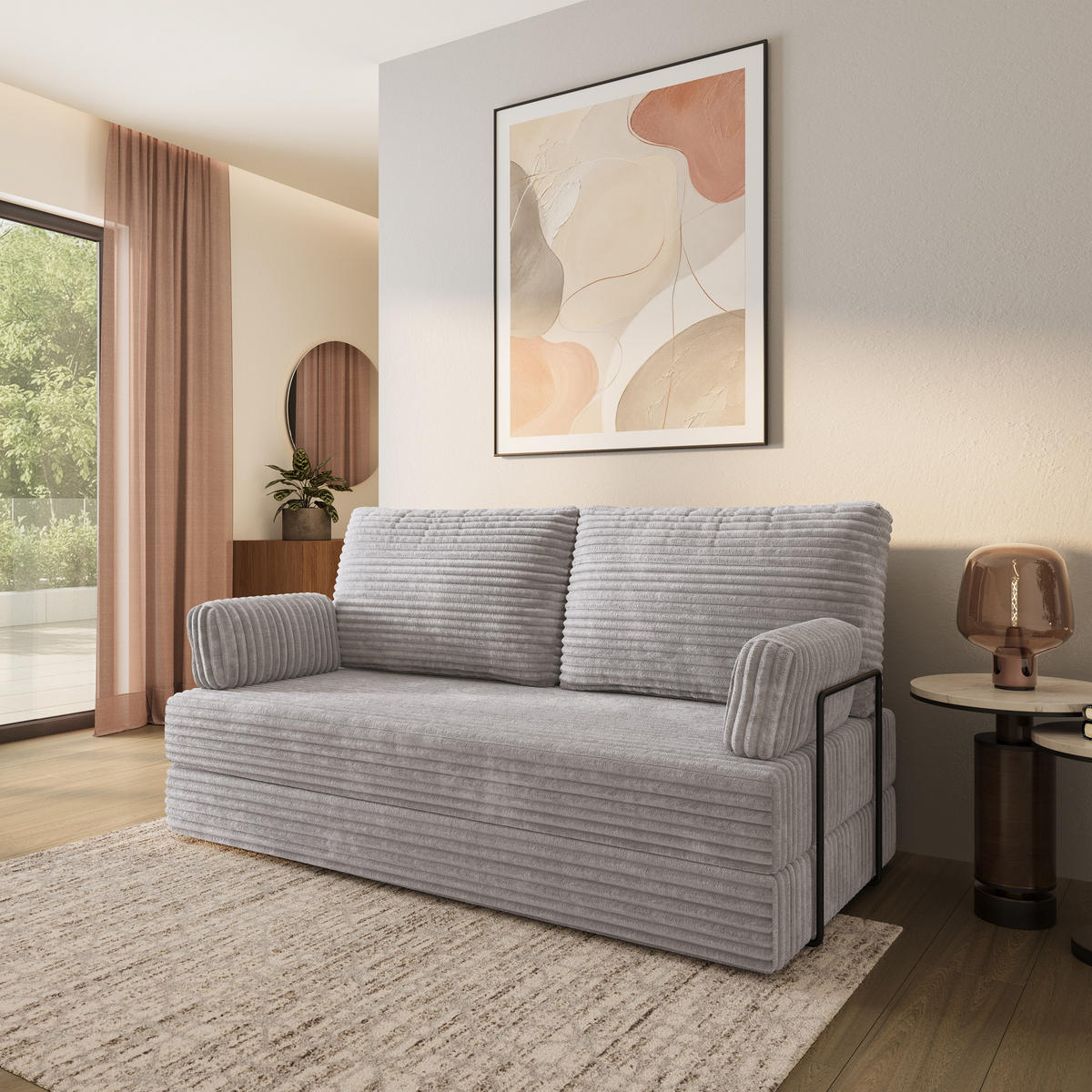 POHOVKA z pěny SILAR s kovovým rámem Manšestrová látka Světle šedá - šedá/světle šedá, textil (170/86/80cm) - MASSENO