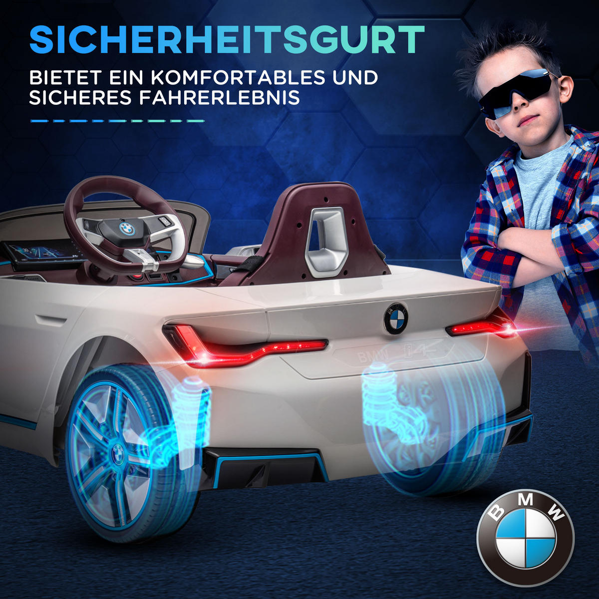 KINDER ELEKTROAUTO, Schwarz/Weiß, Kunststoff+ Eisen - Weiß, Metall (115/67/45cm) - HOMCOM