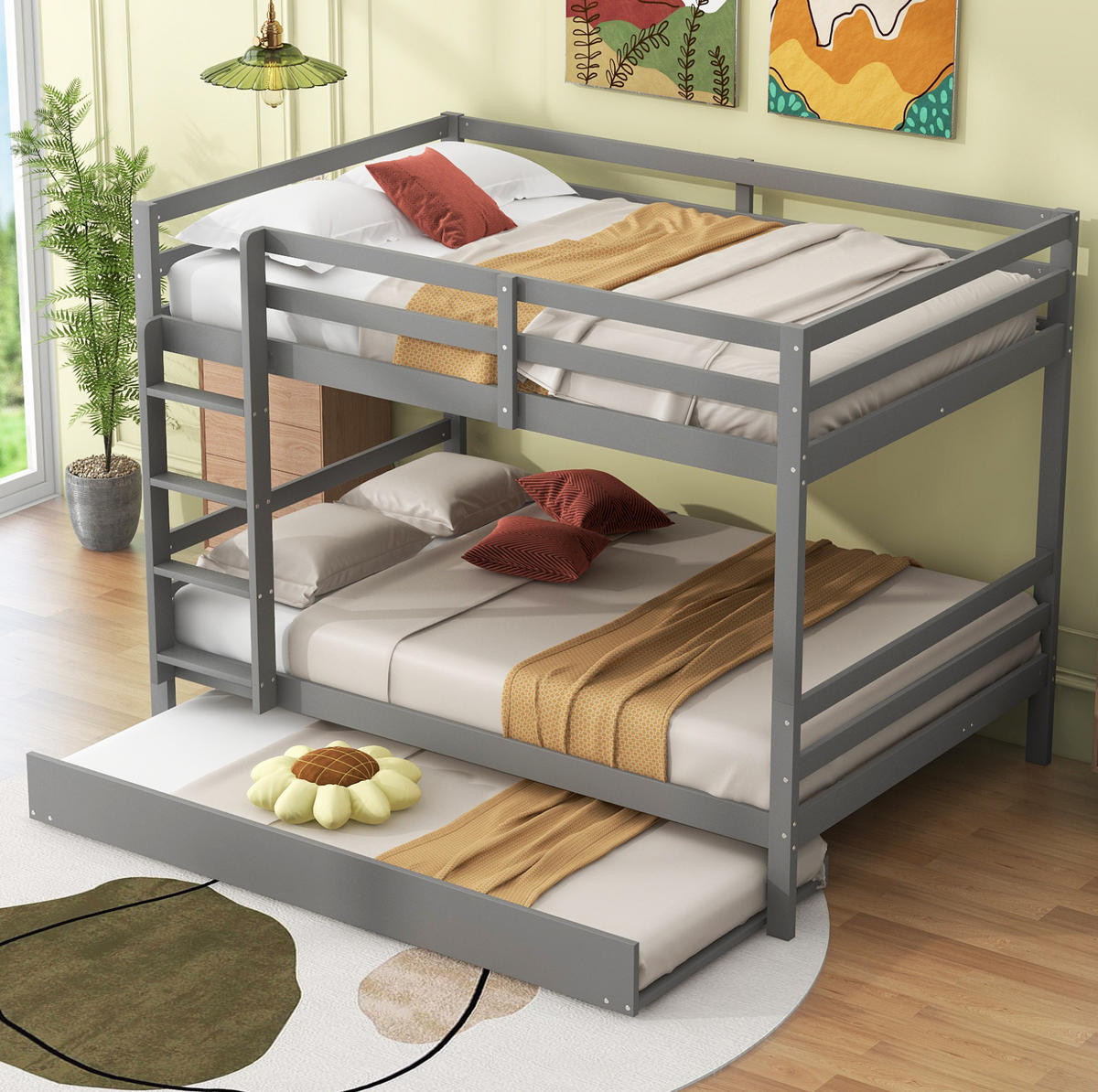 ETAGENBETT 140/200 cm mit Ausziehbett, hoher Absturzsicherung und Treppe aus Kiefern , Grau - Grau, Holzwerkstoff (140/200cm) - Redom