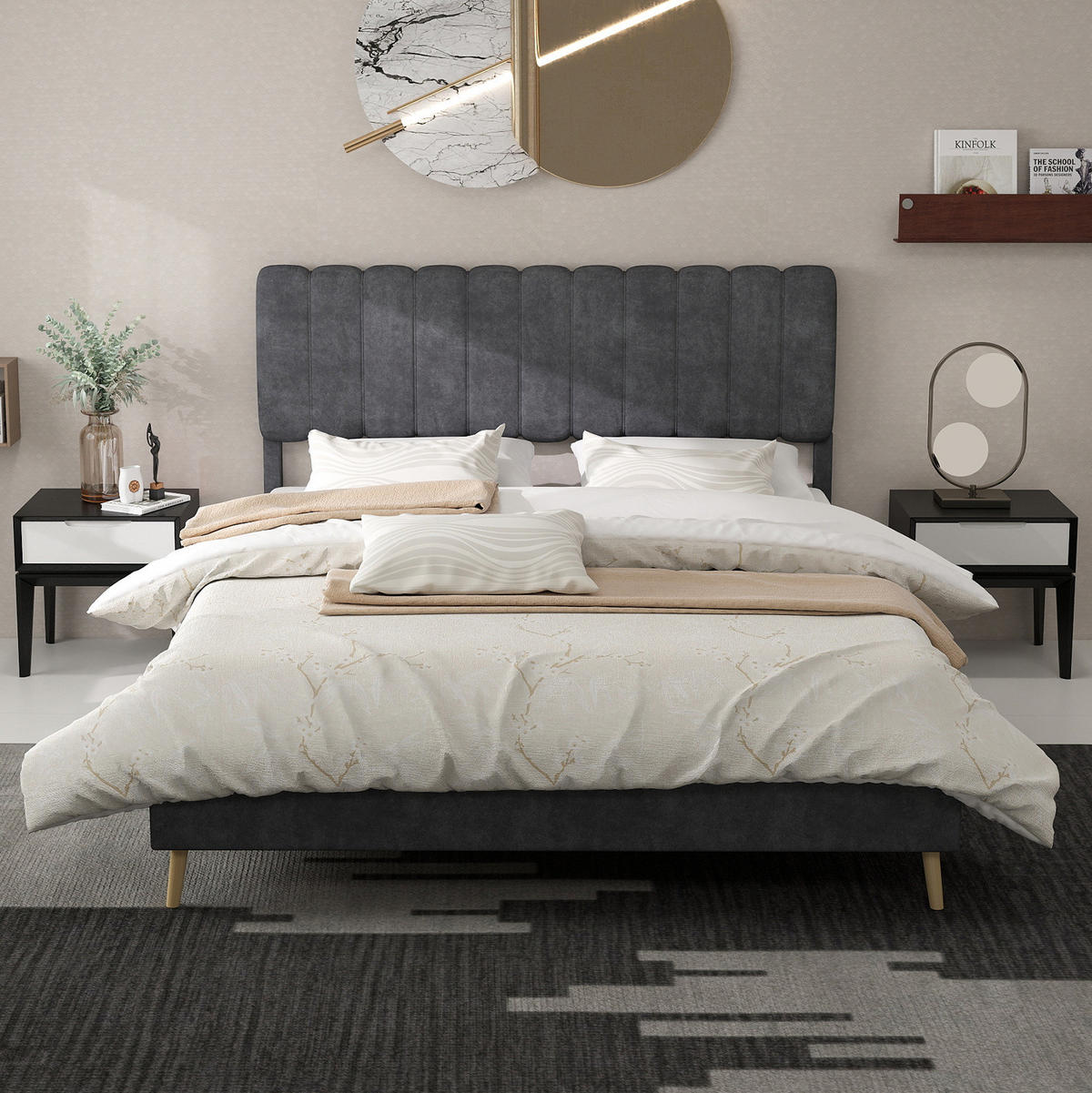 POLSTERBETT 160/200 cm grau aus Stoff und Metall mit Kopfteil - Grau, Textil (160/200cm) - OKWISH