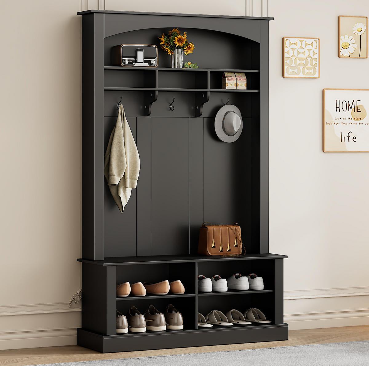 STANDGARDEROBE mit Sitzbank, 3 Haken und Schuhablage, Schwarz, 120/40/190 cm - Schwarz, Holzwerkstoff (120/190/40cm) - BEAOK