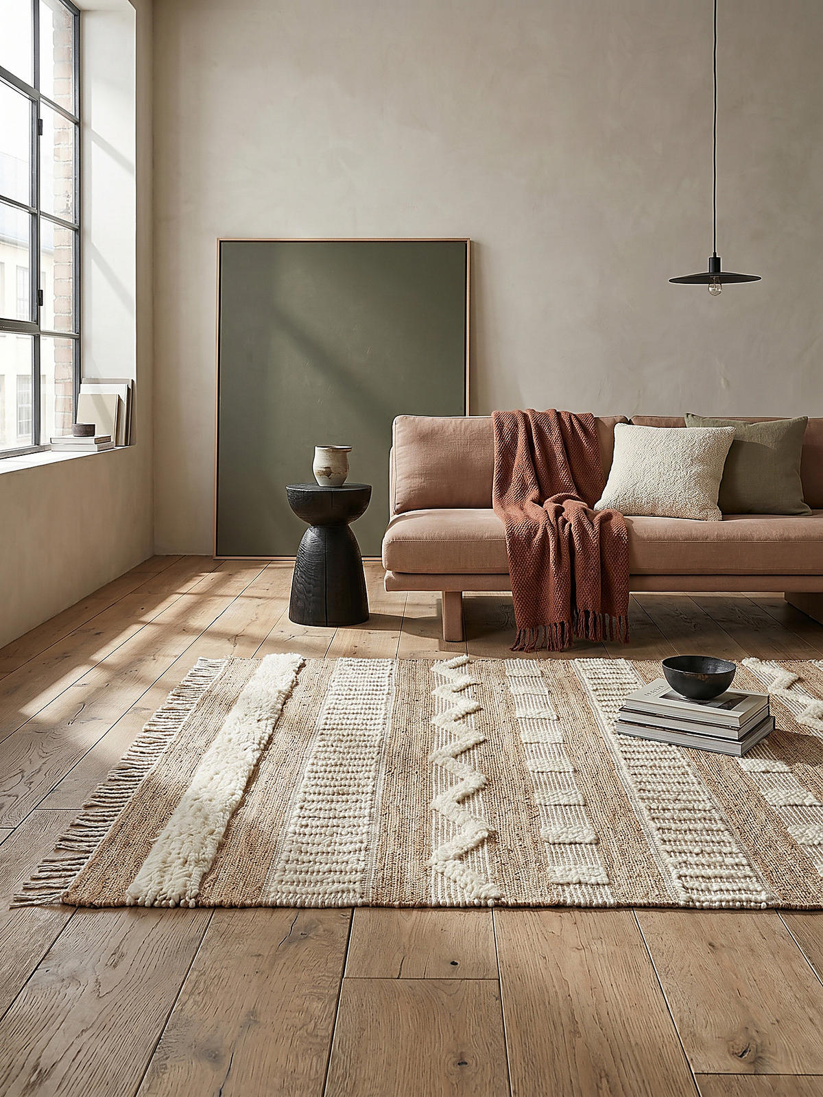 TEPPICH Hoch-Tief Struktur Gestreift, Ethno-Stil, mit Fransen wendbar, Esszimmer Natur-Weiß Rechteckig 160x230 - Weiß, Textil (230/160cm) - KADIMA DESIGN