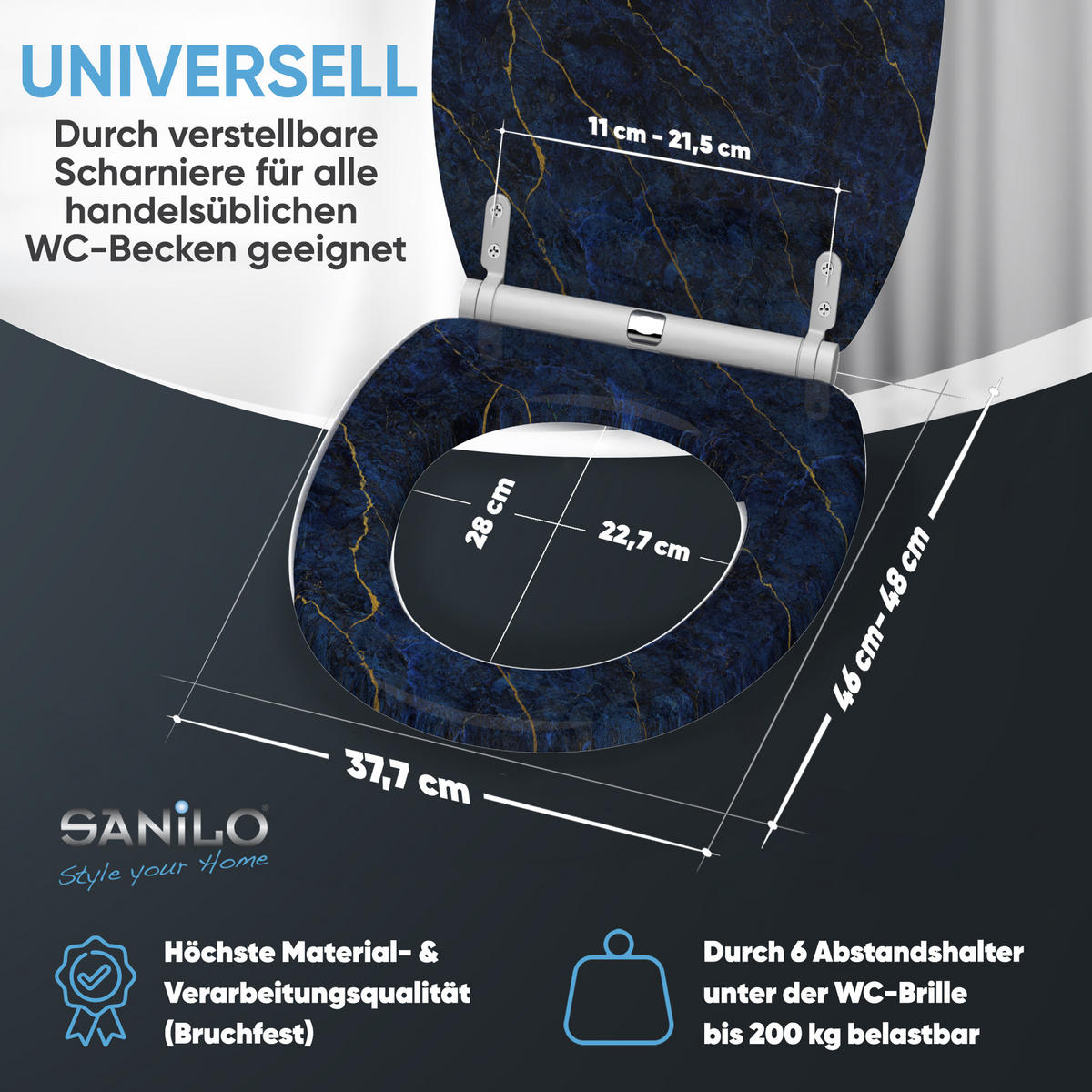 WC-SITZ mit Absenkautomatik & Top Fix Marmor Darkblue - Blau, Holzwerkstoff (37.7/5.5/48cm) - Sanilo