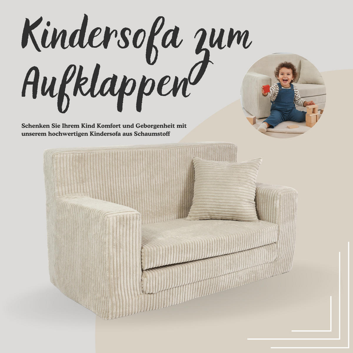 KINDERSOFA aus Kuschel-Cord in Beige - Beige, Textil (83/47/43cm) - Fortisline