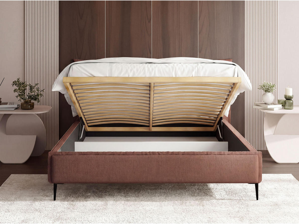 POLSTERBETT Pillow Rise mit Bettkasten, Lattenrost & hohen Metallfüßen in Terrakotta Chenille 140x200 cm - Birkefarben/Rot, Holz/Holzwerkstoff (140/200cm) - WFL GROUP