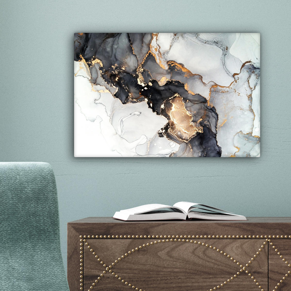 LEINWANDBILD Marmor - Schwarz - Weiß - Gold - Luxus - Abstrakt Deko Schlafzimmer 30x20 cm - Goldfarben, Textil (30/20cm) - MuchoWow