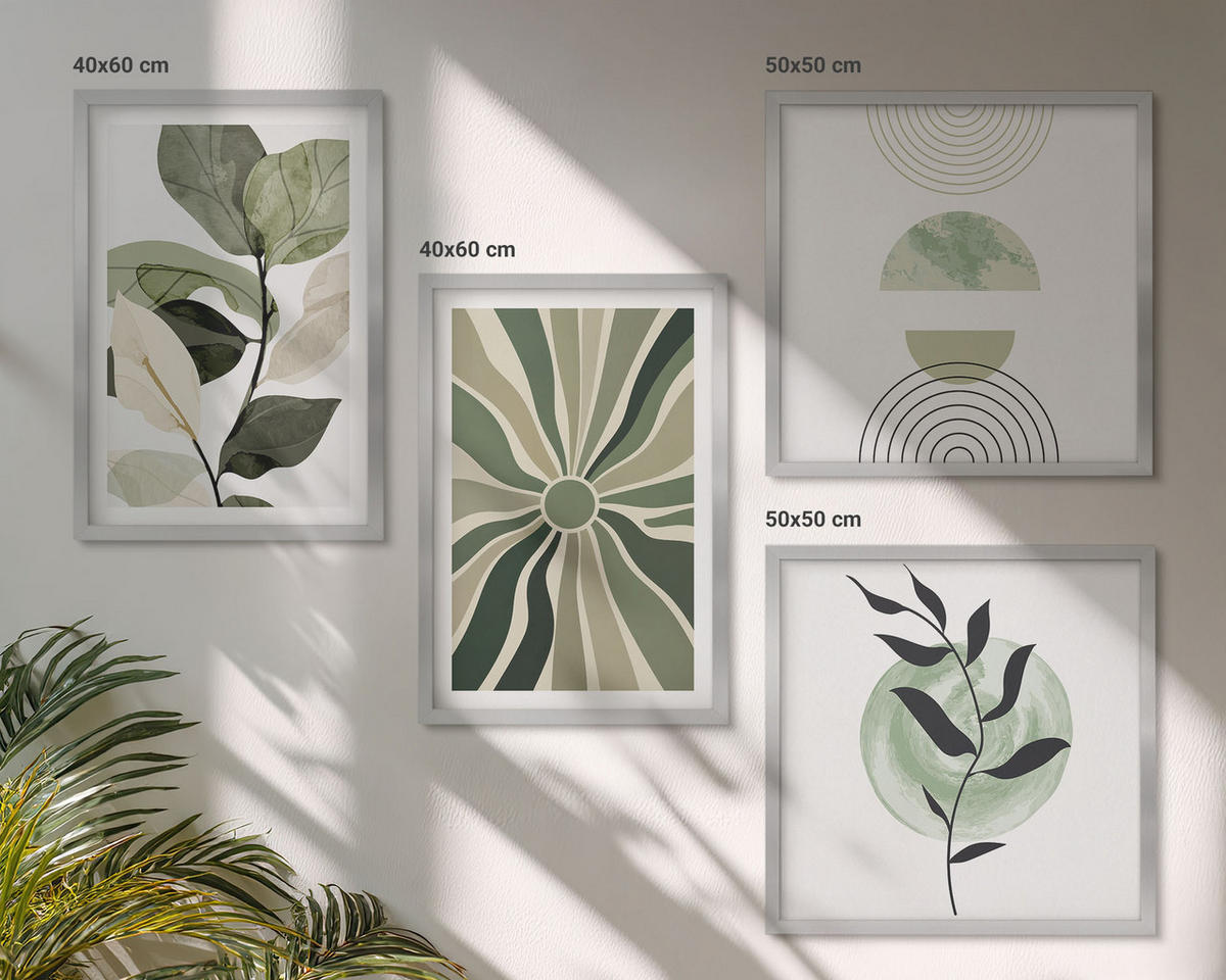 BILDER SET 4er Set - 50x50 cm & 40x60 cm Silberner Rahmen - Geometrische Pflanzenformen - Silberfarben, Kunststoff (50/50cm) - TULUP