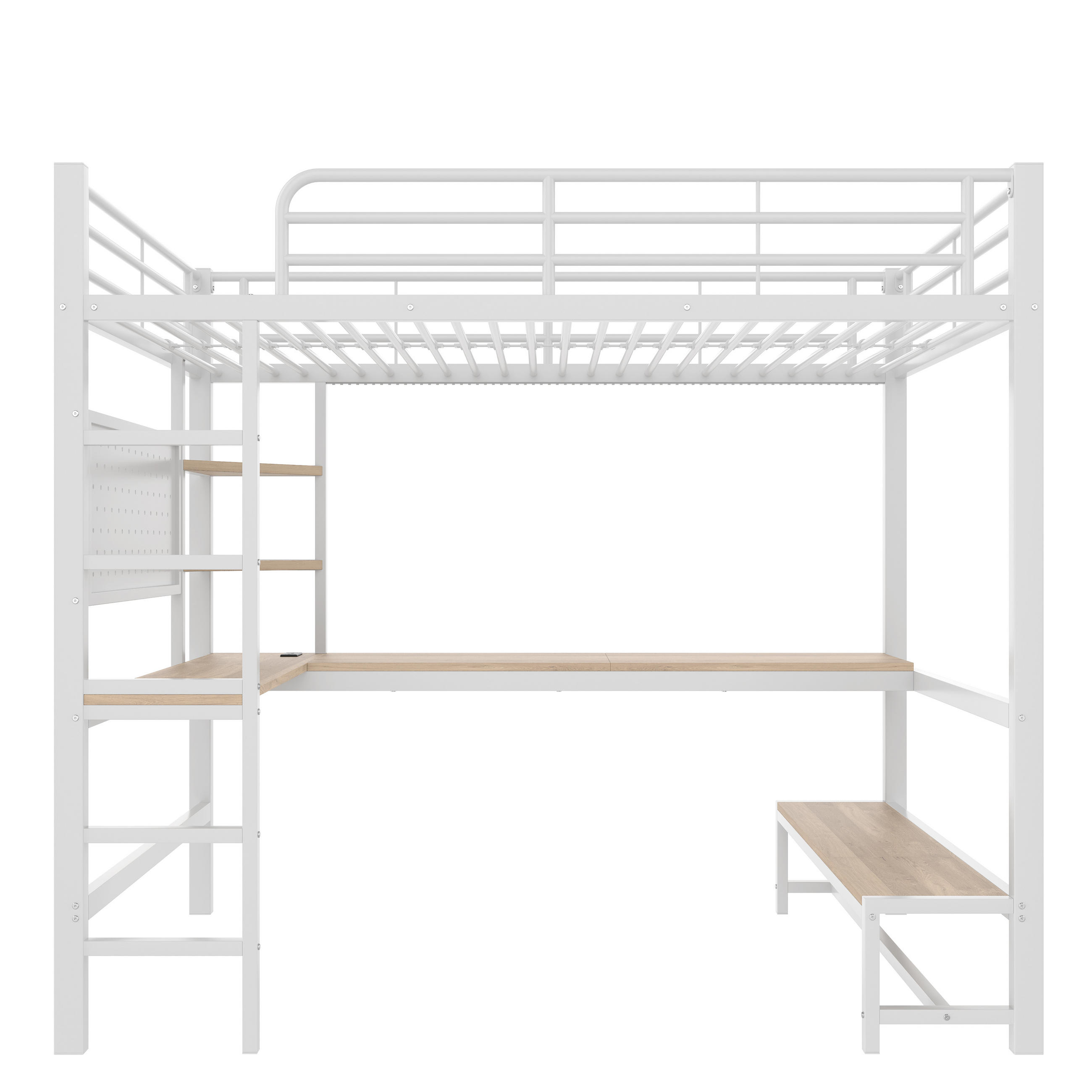 HOCHBETT 90/200 cm Weiß mit Schreibtisch, mehrstöckiges Regal und LED-Lichtleiste - Weiß, Metall (90/200cm) - Oxeza