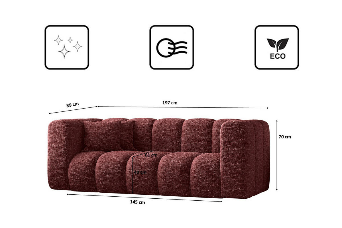 COUCH Sofa, Zweisitzer-Sofa Grand Modular Stoff Haga Rotwein - Rot, Holz (197/70/91cm) - Kaiser Möbel