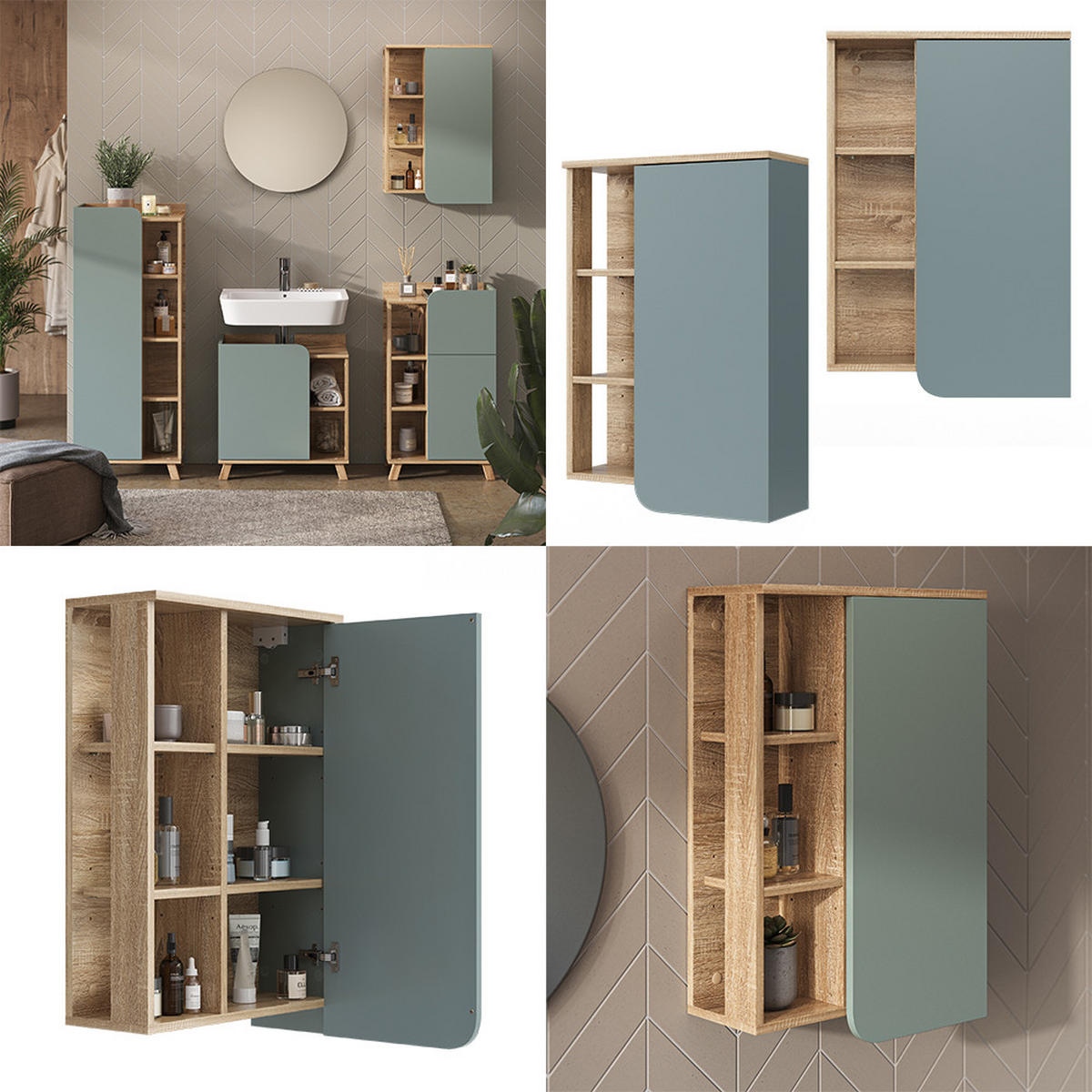 BADSCHRANK Karen Blau-Grau 50 x 75 cm mit Tür und offenen Fächern - Dunkelblau/Sonoma Eiche, Holzwerkstoff (50/75/20cm) - Vicco