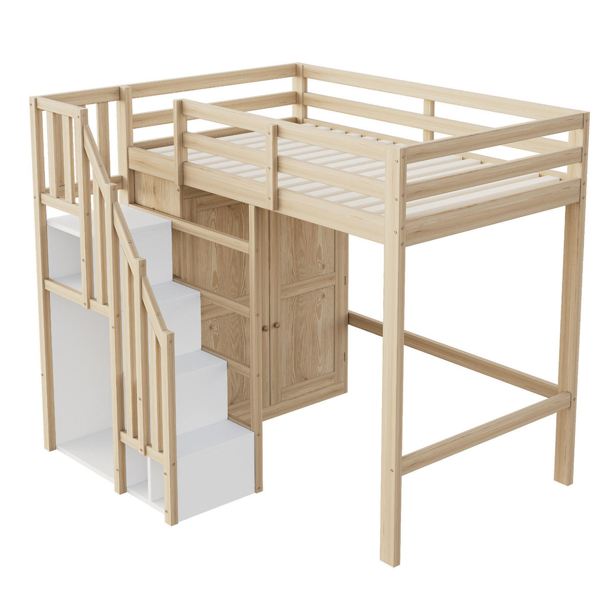 HOCHBETT 90/200 cm aus Holz mit Kleiderschrank und Stauraumtreppe Natur - Naturfarben, Holzwerkstoff (90/200cm) - Modenvie