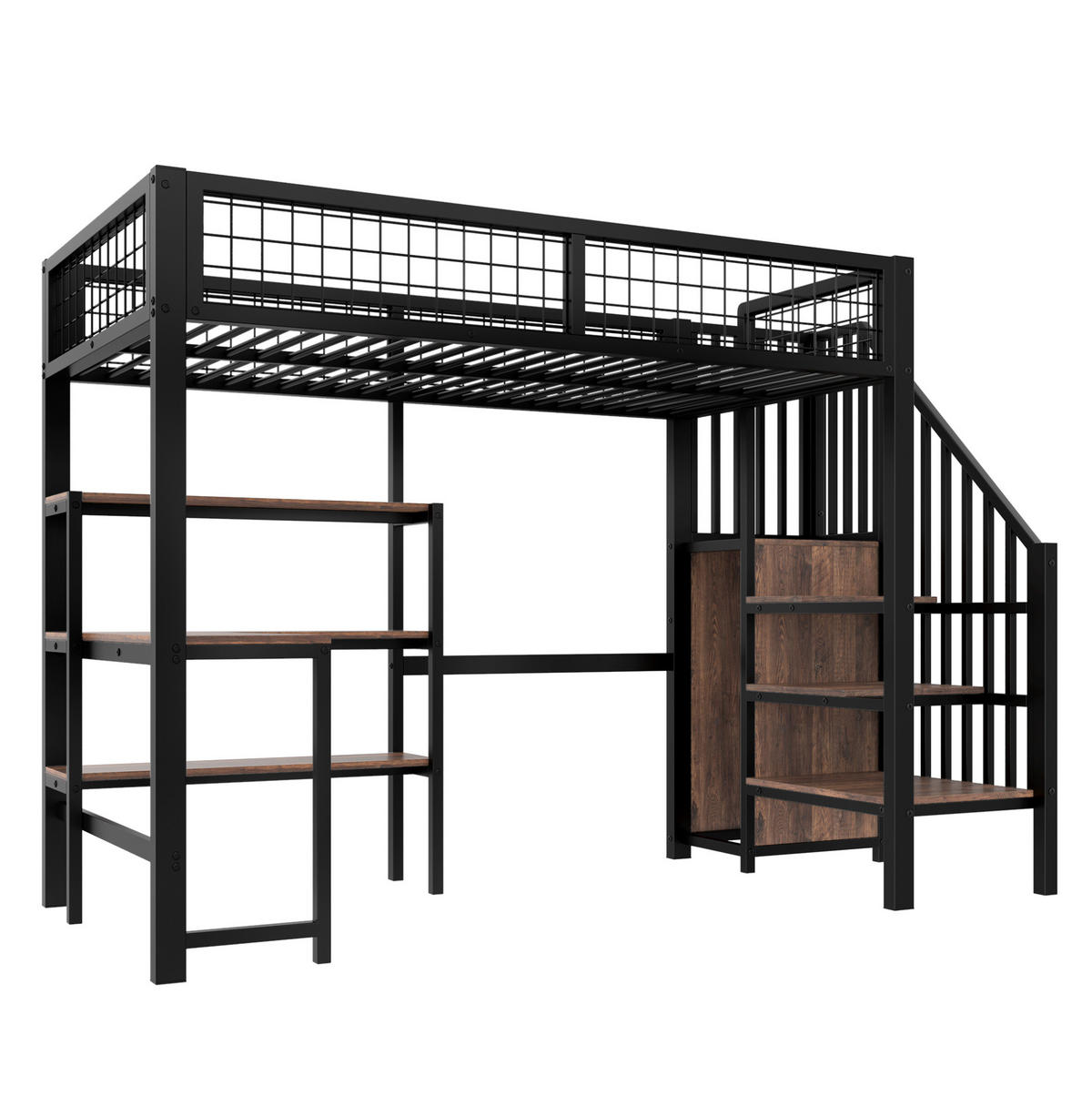 HOCHBETT aus Metall und MDF 90x200 cm Schwarz/Braun mit Schreibtisch, Regalen und Kleiderschrank - Schwarz, Holzwerkstoff (90/200cm) - Modfu