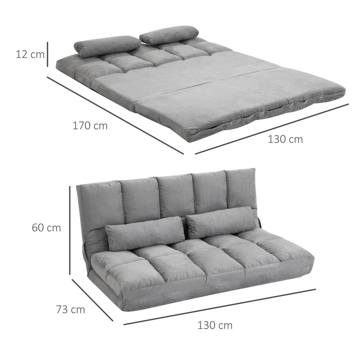 BODENSOFA klappbar Schlafsofa mit 3-stuhfig verstellbar Rückenlehne Hellgrau - Hellgrau, Textil/Metall (73/60/130cm) - HOMCOM