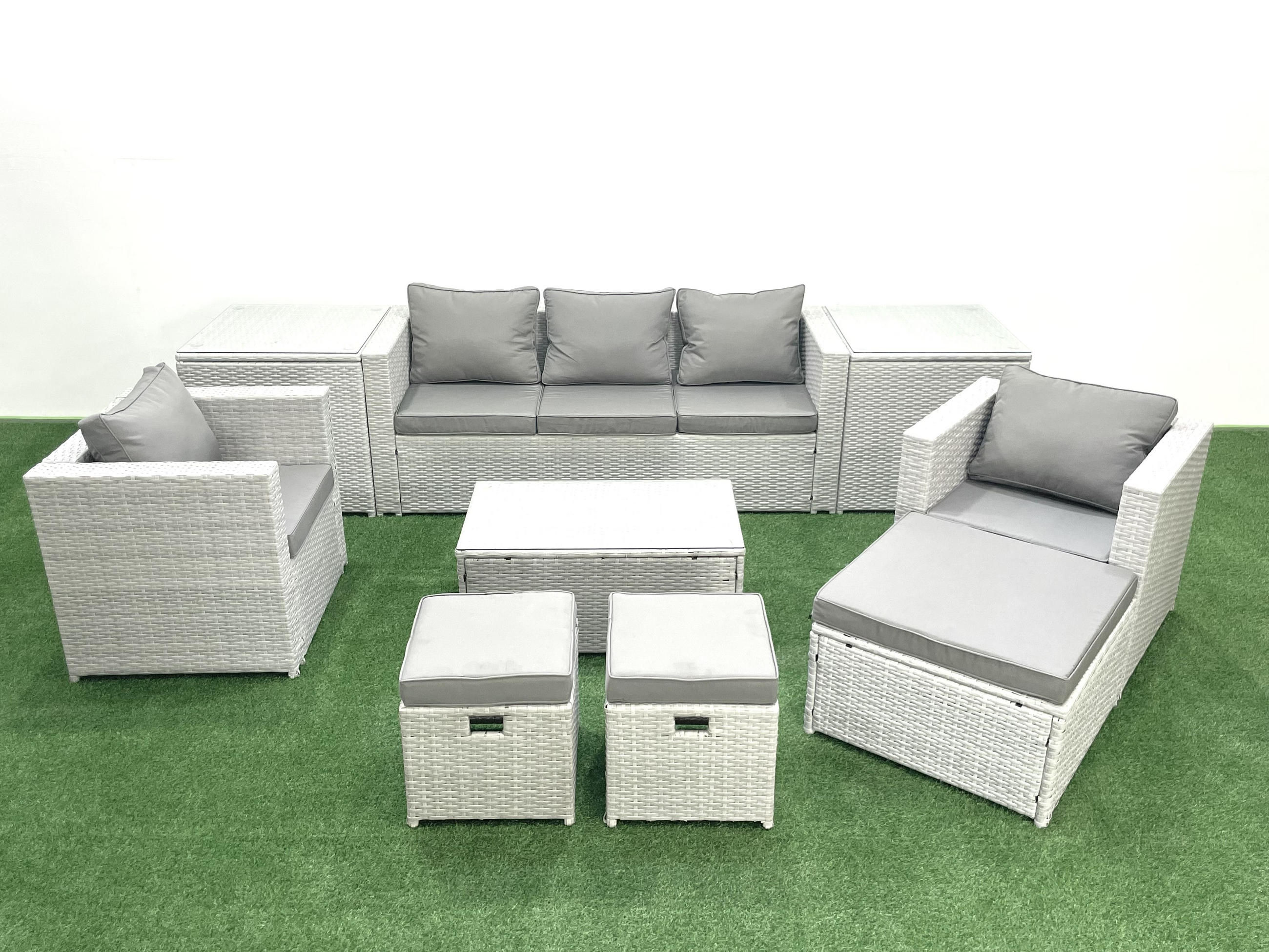 GARTENMÖBELSET mit 3-SITZER SOFA,COUCHTISCH Polyrattan Hellgrau-Mix 8-Sitzer - Hellgrau/Grau, Glas/Kunststoff - Fimous