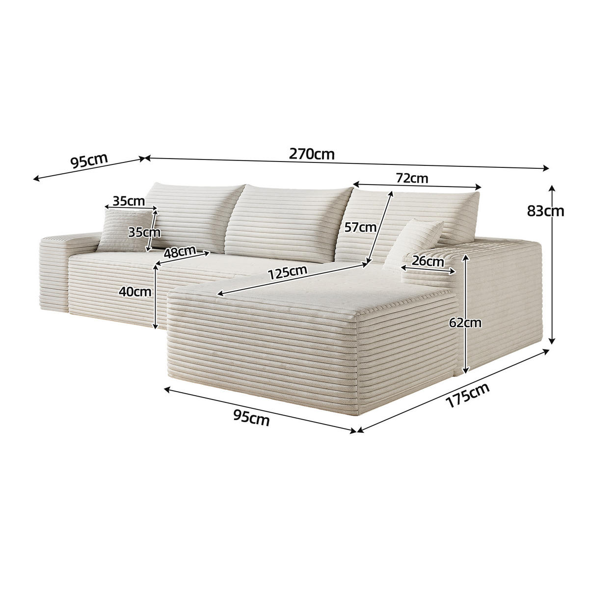 ECKSOFA 270/175/83 cm Weiß Cord mit Chaiselongue, Rechte Seite - Weiß, Textil (270/175cm) - Oxeza