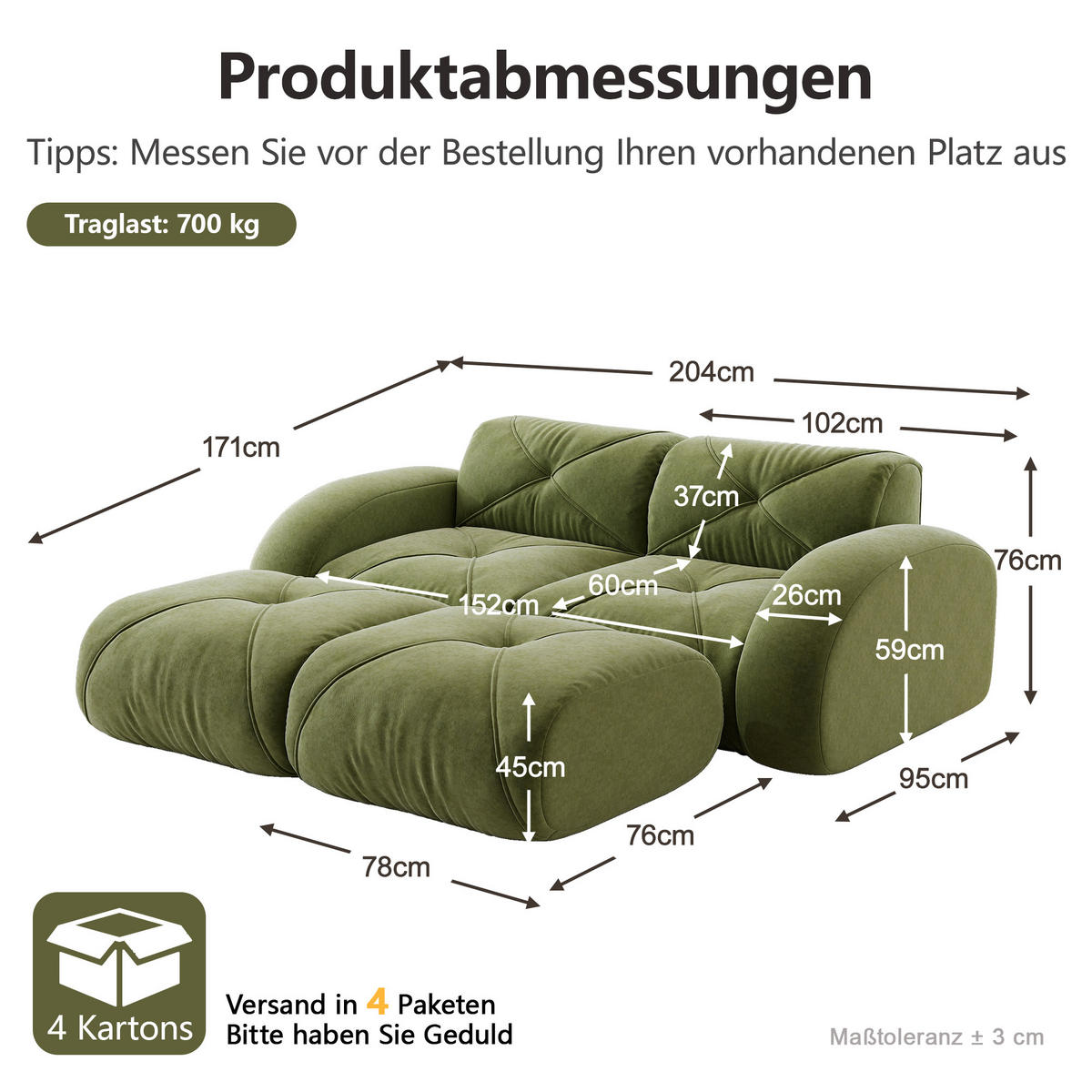 2-SITZER-SOFA DE-34276 mit 2 Hockern Grün - Grün, Textil (171/76/204cm) - ComfortXL