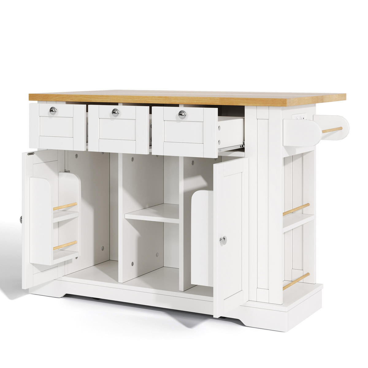 KÜCHENINSELWAGEN mit ausziehbarer Arbeitsplatte 132 cm White/Natural - Weiß, Holz (70/87/132cm) - Beauniv