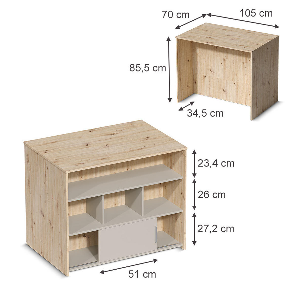BARTISCH Aventi, Artisan-Eiche/Cashmere, 105 x 70 cm - Kaschmir/Eiche Artisan, Holzwerkstoff (70/105/85.5cm) - Vicco