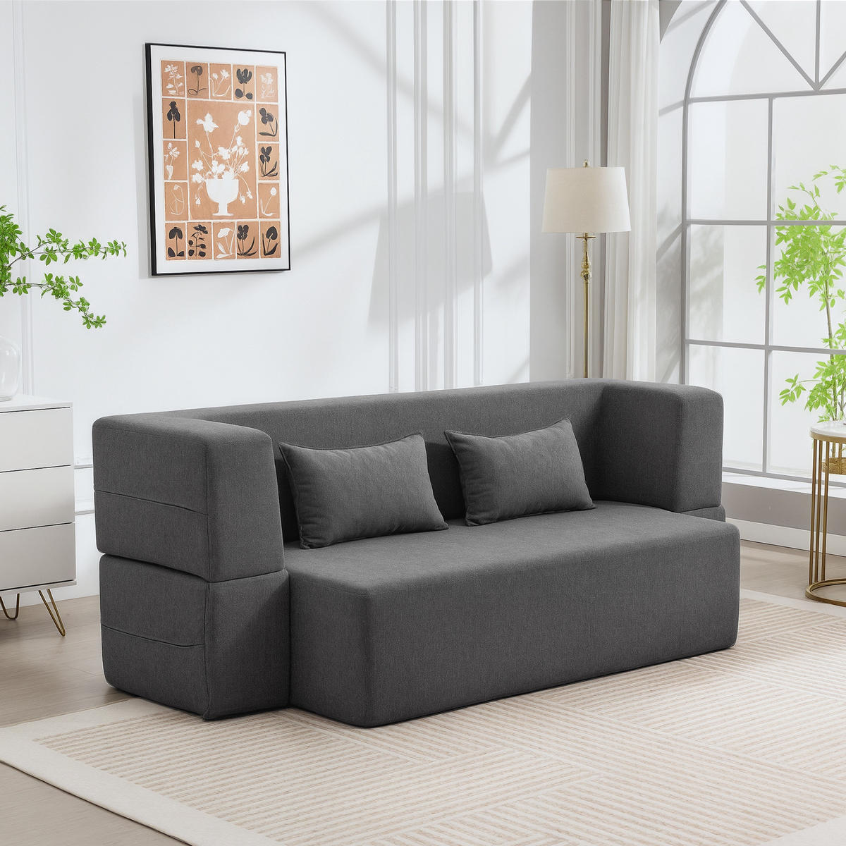 2-SITZER-SCHLAFSOFA aus Schaumstoff mit breiten Armlehnen, 2 Kissen, Grau - Grau, Textil (95/75/203cm) - HOMCOM