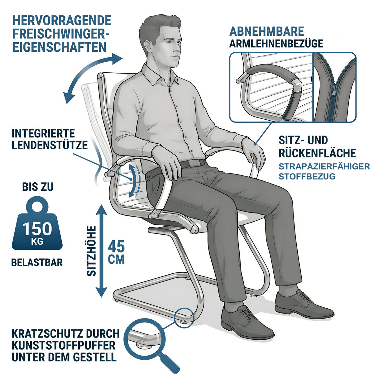 BESUCHERSTUHL Montreal Stoff Anthrazit – ergonomisch, 150 kg belastbar - Anthrazit, Textil/Metall (60/95/60cm) - Versee