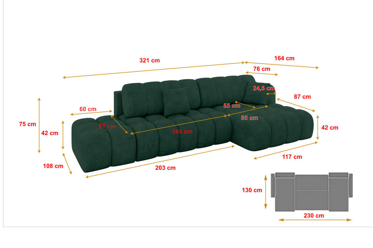 ECKSOFA mit Schlaffunktion Ottomane RECHTS OLEA-L2 321x164x75 Grün Velours - Schwarz/Hellgrün, Holzwerkstoff/Kunststoff (164/321cm) - ALTDECOR