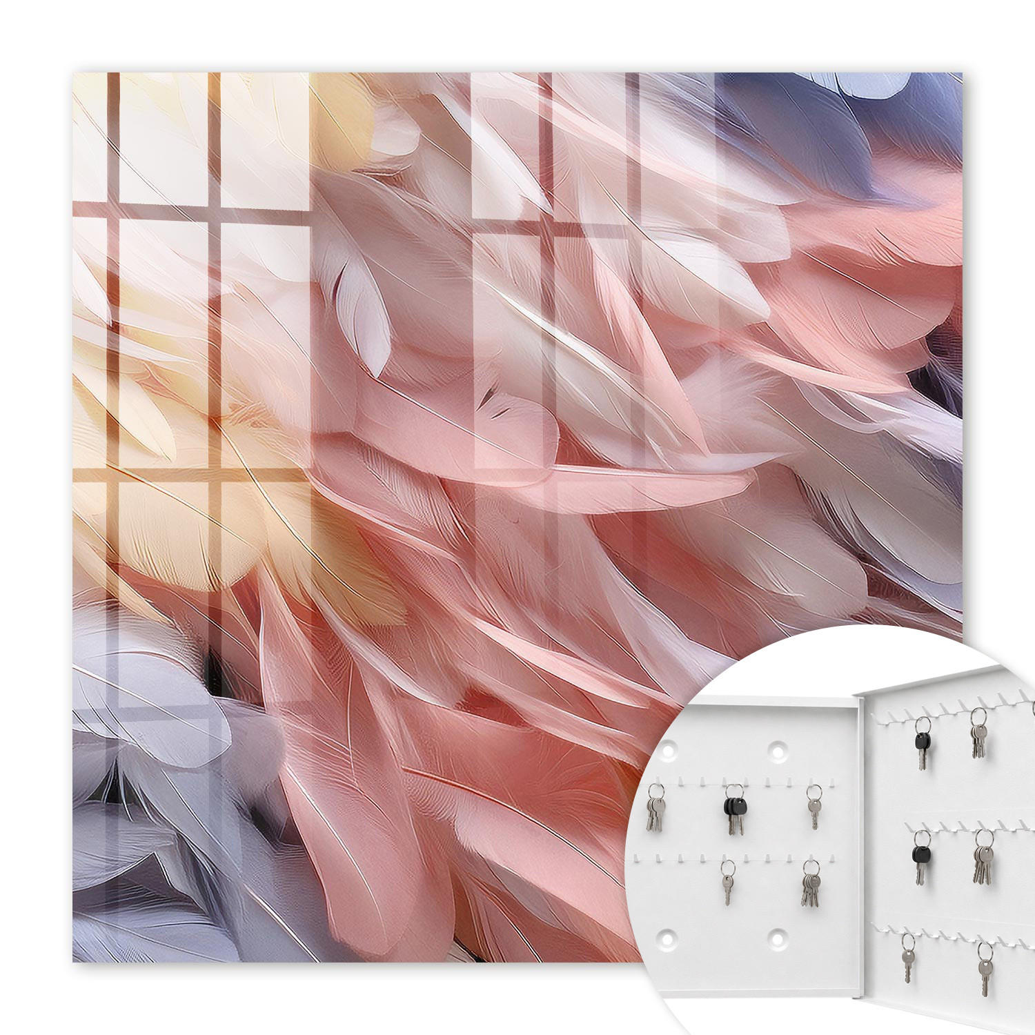 SCHLÜSSELBOX Weiß 30x30 cm – Türöffnung nach rechts - Pastellfarbene Federn - Pink, Metall (30/30/5cm) - TULUP