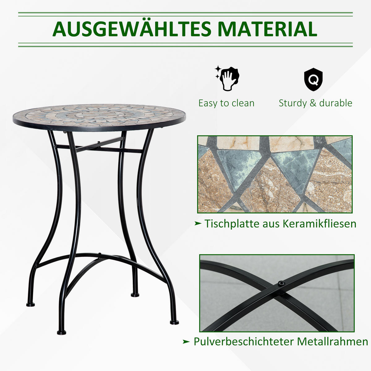 GARTENTISCH, Grün+Beige+Weiß, Keramik - Beige/Schwarz, Keramik/Metall (60/60/71cm) - Outsunny