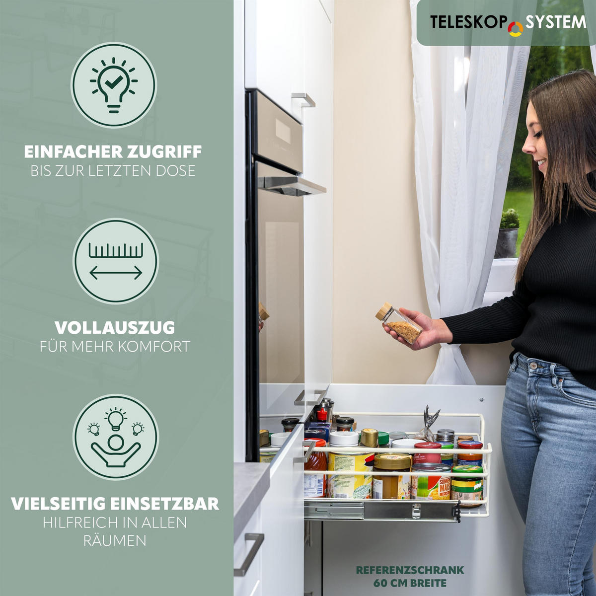 TELESKOPSCHUBLADE 50 cm Breite, mit Einlegeboden, Küchenschublade, cremeweiß - Creme, Metall (47/14/44cm) - bremermann