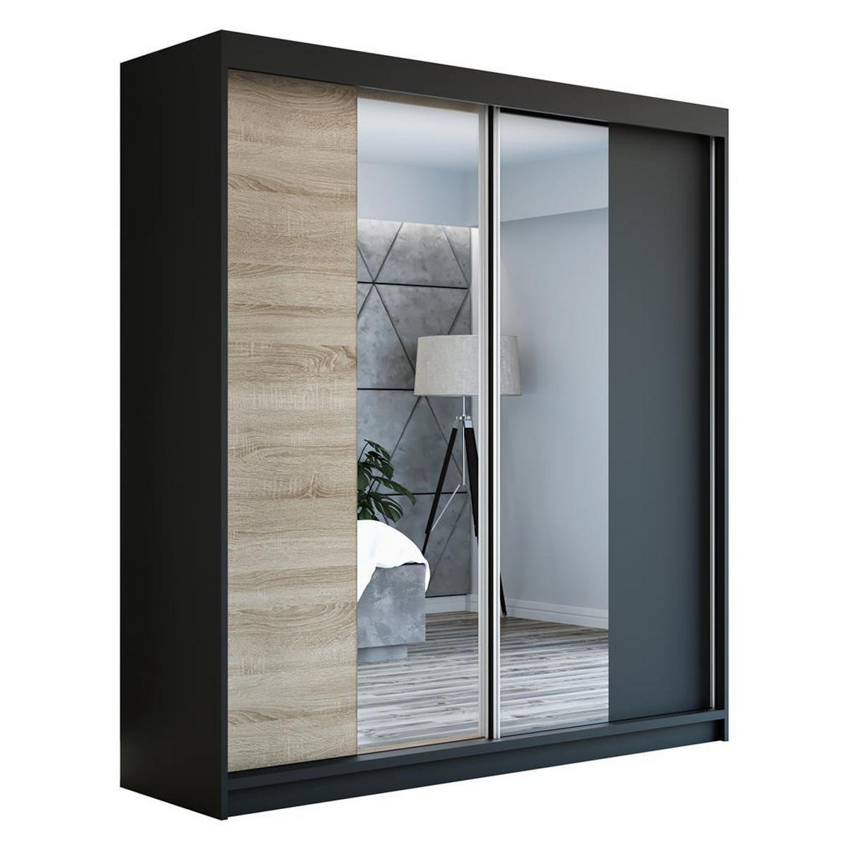 SCHWEBETÜRENSCHRANK 160 CM NEO Farbe: Schwarz / sonoma / schwarz - Schwarz/Braun, Holzwerkstoff (160/215/59.5cm) - A&J MöbelLand