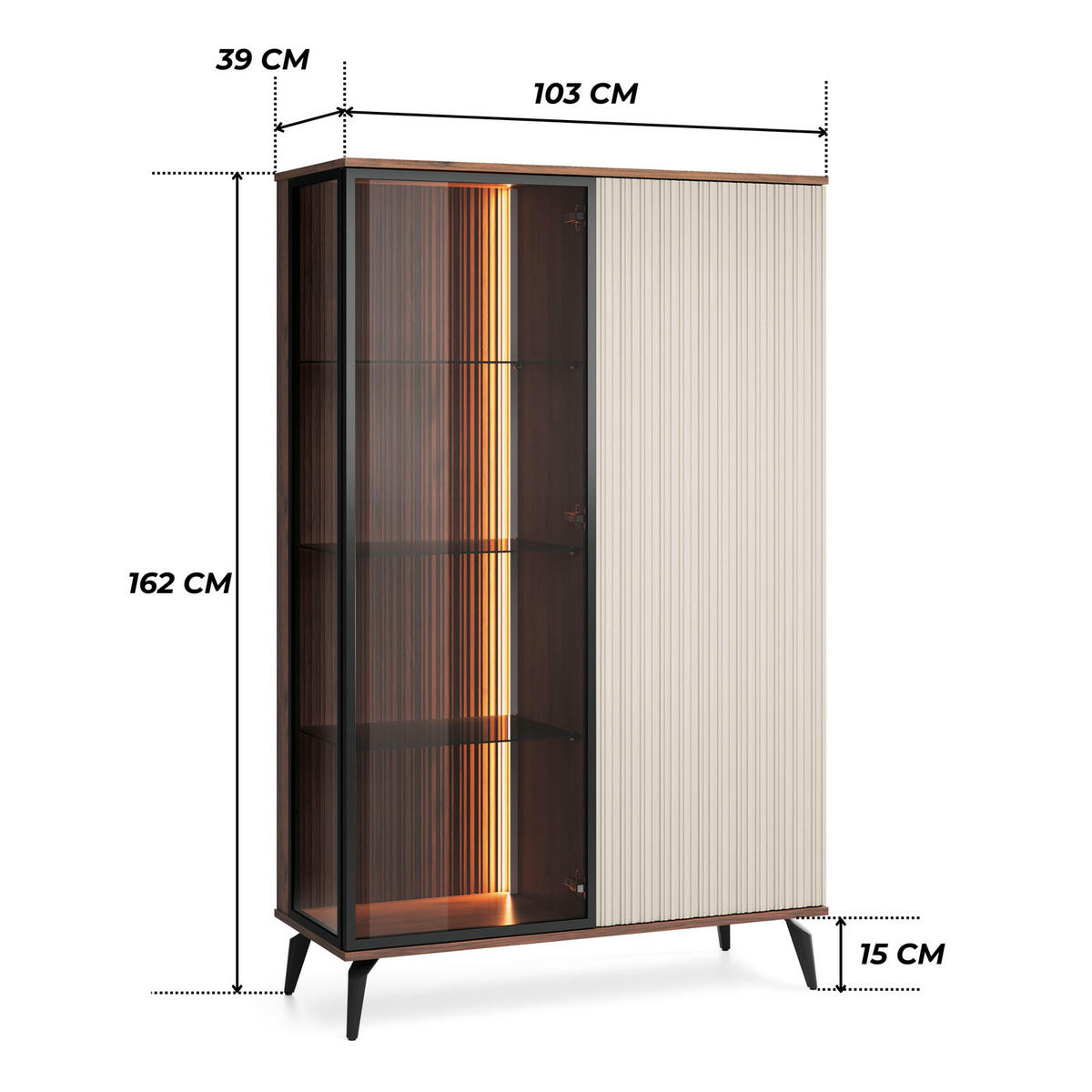 VITRINE YUKO WT103 103 cm (Warmia Nussbaum, Kaschmir, Glas, LED Inklusive) - Kaschmir/Walnussfarben, Glas/Holz (103/162/39cm) - Ravio