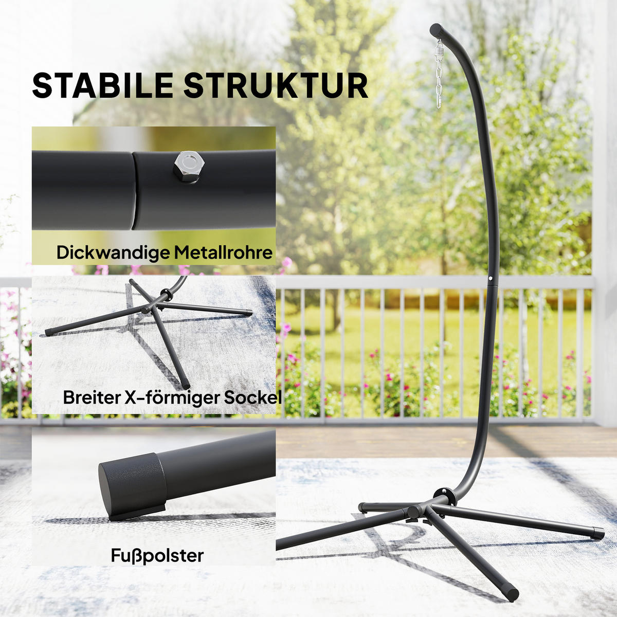 HÄNGESESSEL-GESTELL mit Kette Metall Schwarz - Schwarz, Metall (128/105/205cm) - Outsunny