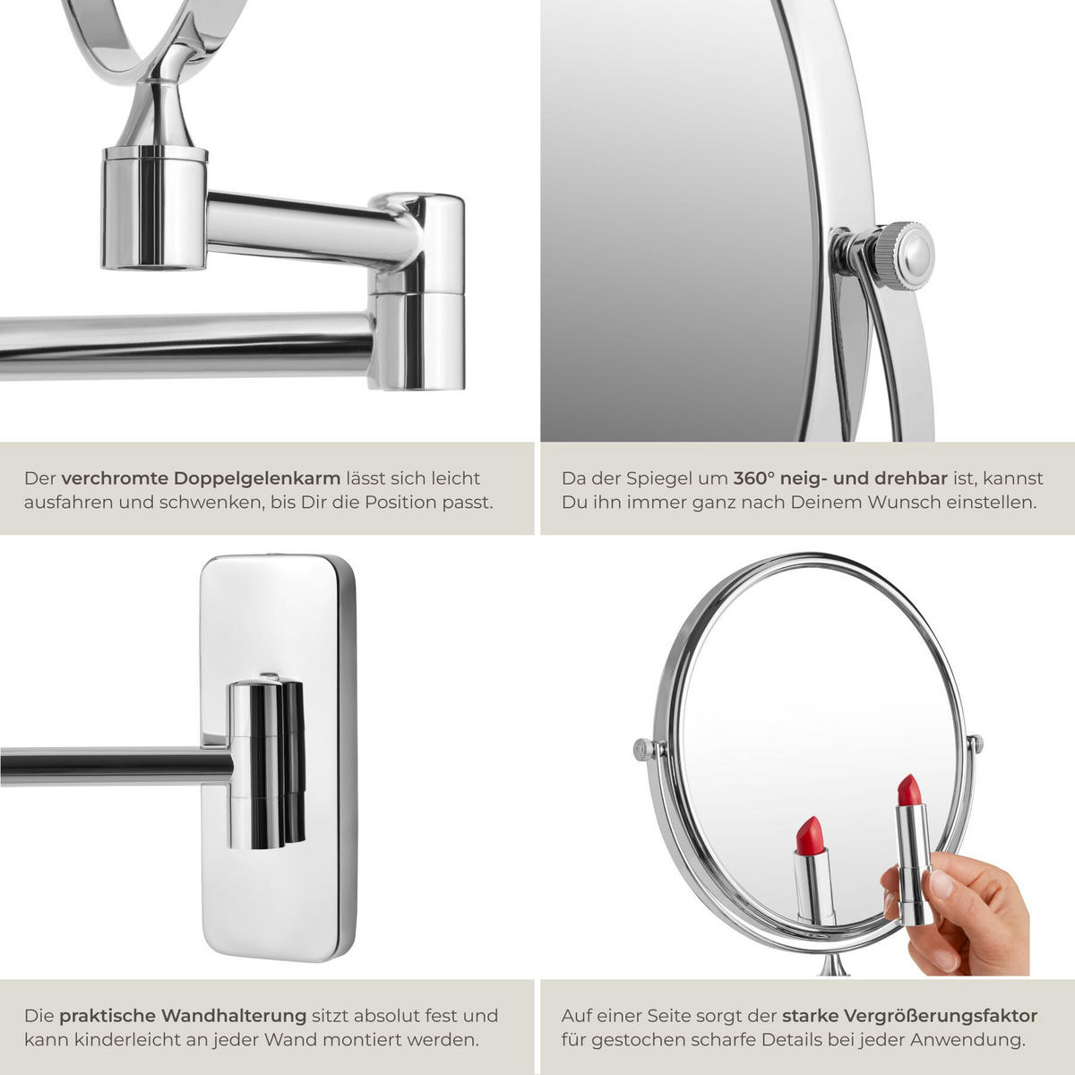 KOSMETIKSPIEGEL , doppelseitig, Ø 20 cm, silber - Silberfarben, Glas (2.7/31/26.5cm) - tectake