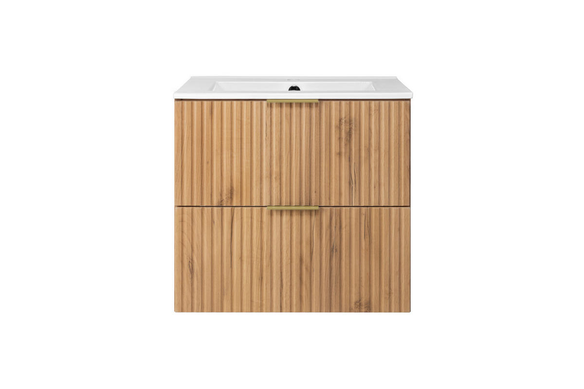 WASCHBECKUNTERSCHRANK, Eiche Craft, 60 x 57 x 46 cm, Griff Gold, ohne Arbeitsplatte - Eichefarben/Goldfarben, Holzwerkstoff (60/57/46cm) - 3XE LIVING