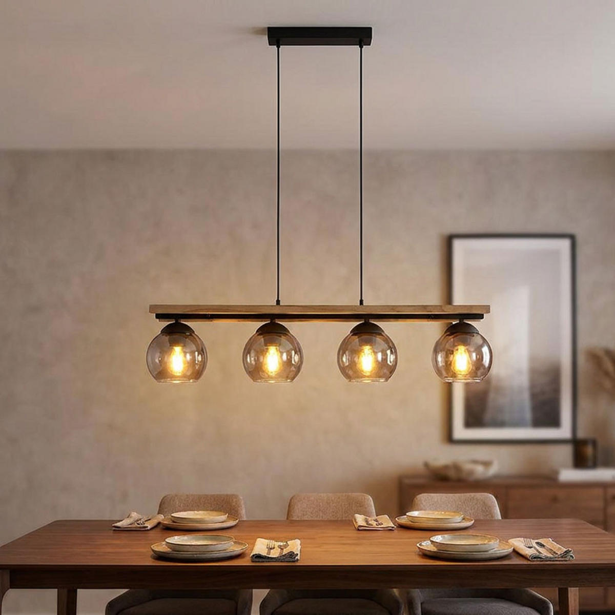 HÄNGELEUCHTE Metall Eichenholz Schwarz 4 Flammig - Schwarz, Holz (85/15/120cm) - Globo Lighting