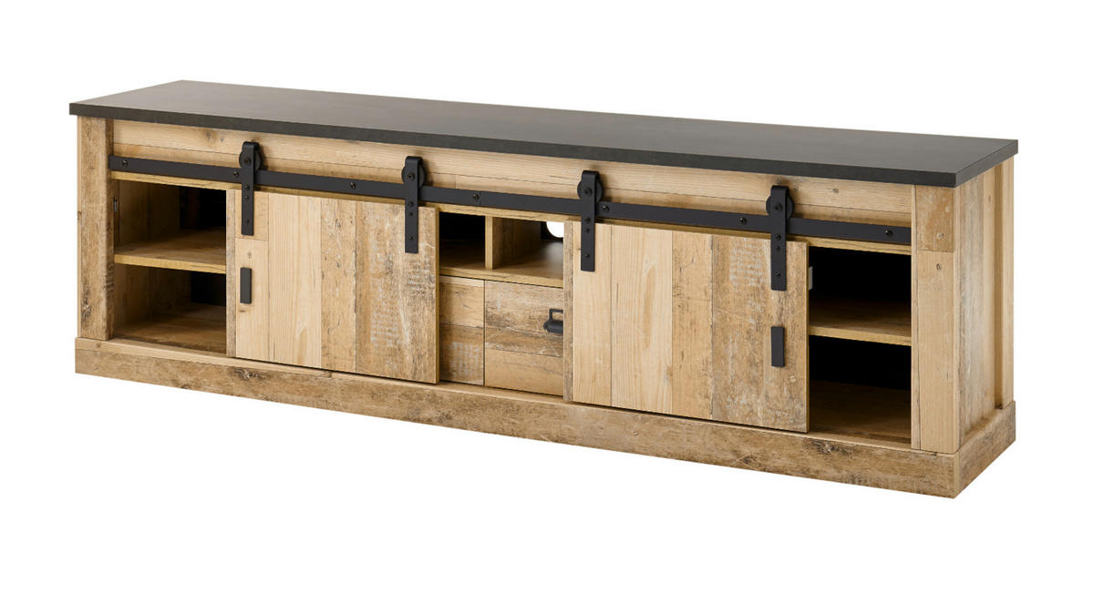 WOHNWAND Used Wood hell, anthrazit 3-teilig 314 cm, Schrankwand mit Soft-Close - Anthrazit/Schwarz, Holzwerkstoff/Metall (314/180/43cm) - Furn.Design