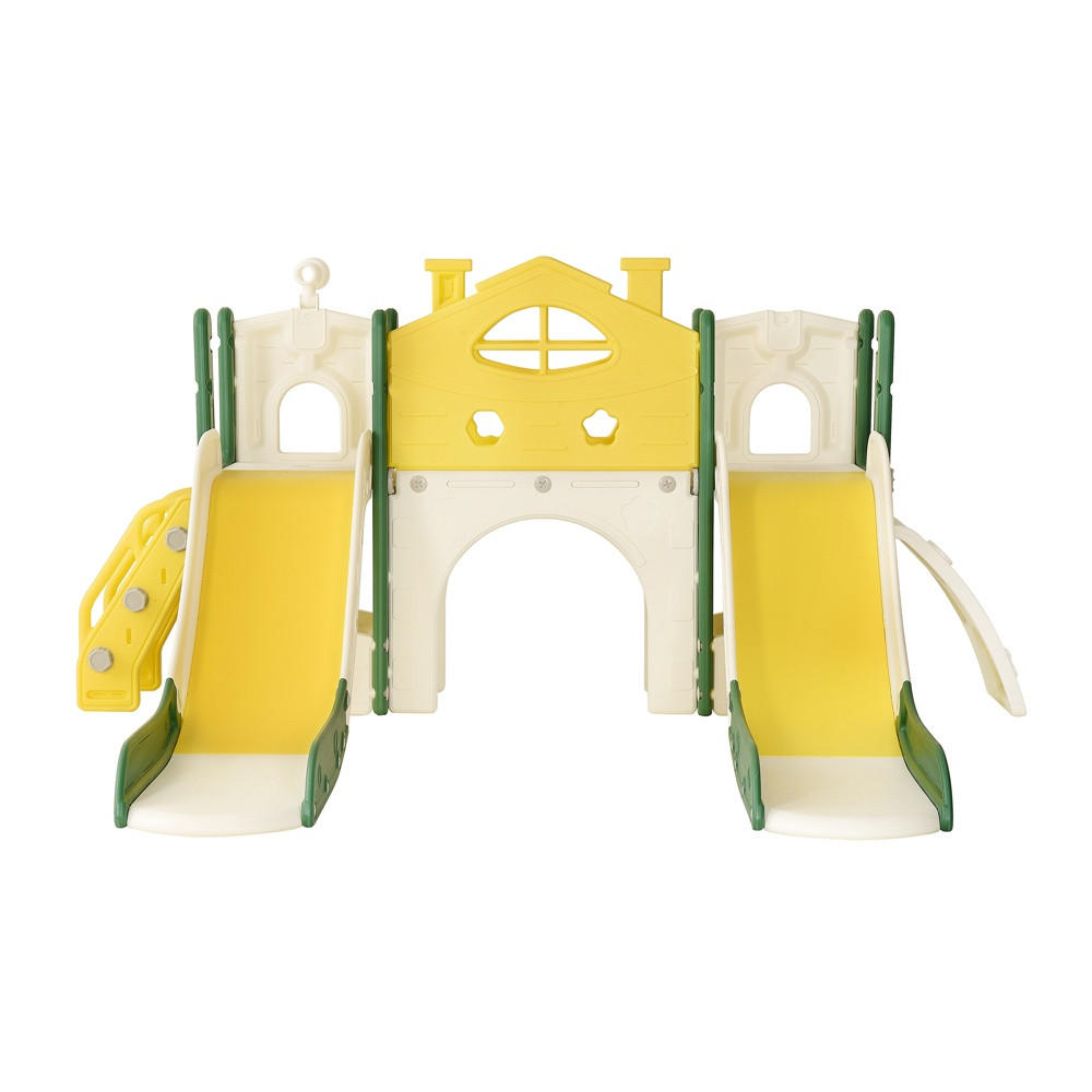 DOPPELRUTSCHE für Kinder mit Klettergerüst, Kletterwand, Spieltunnel und Teleskop - Indoor & Outdoor Spielplatz - Multicolor, Kunststoff (166/96.5/203cm) - DELFA