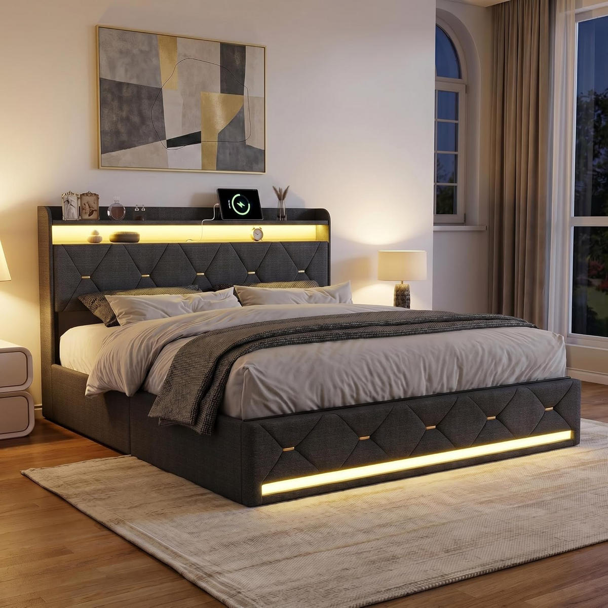 POLSTERBETT 160/200 cm Grau, Doppelbett mit Bettkasten, RGB-LED und USB - Grau, Holz/Textil (160/200cm) - PARAFTA HOME