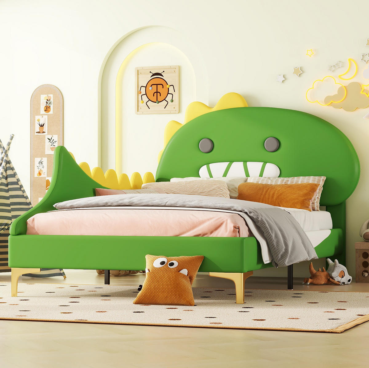 KINDERBETT Dinosaurier 90/200 cm Grün aus PU mit stabiler MDF-Konstruktion - Grün, Kunststoff (90/200cm) - OKWISH